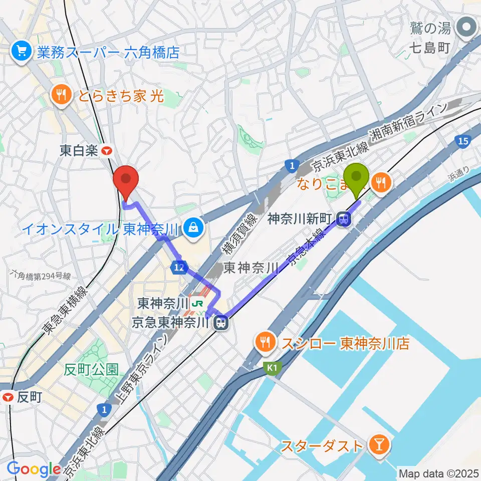 神奈川新町駅からセントラル楽器へのルートマップ地図