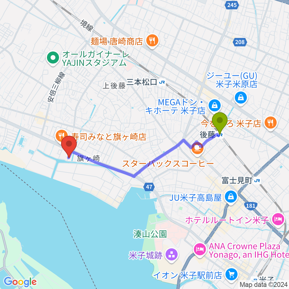 後藤駅から米子シンワンメイクへのルートマップ地図