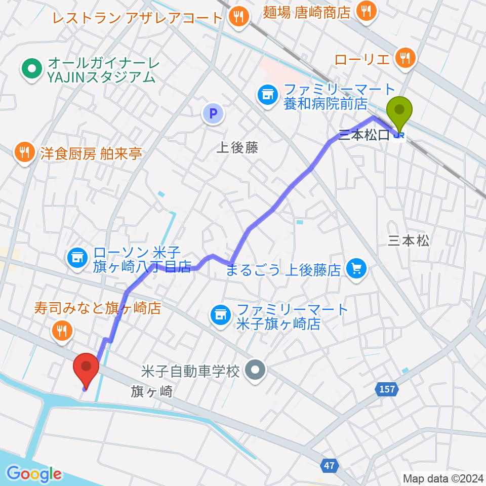 米子シンワンメイクの最寄駅三本松口駅からの徒歩ルート（約26分）地図