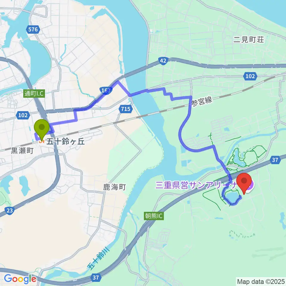 五十鈴ケ丘駅から三重県営サンアリーナへのルートマップ地図