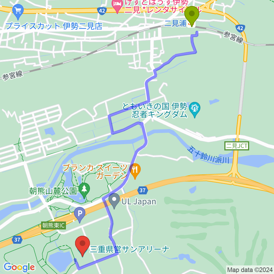 二見浦駅から三重県営サンアリーナへのルートマップ地図