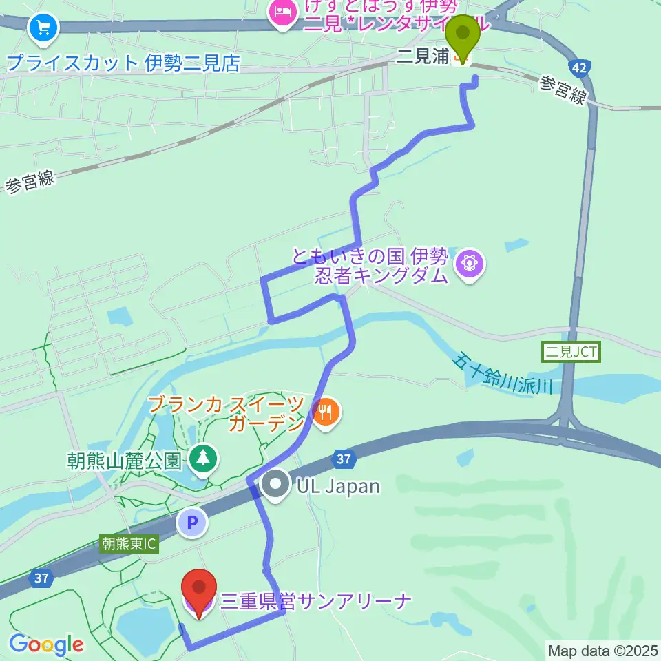 二見浦駅から三重県営サンアリーナへのルートマップ地図