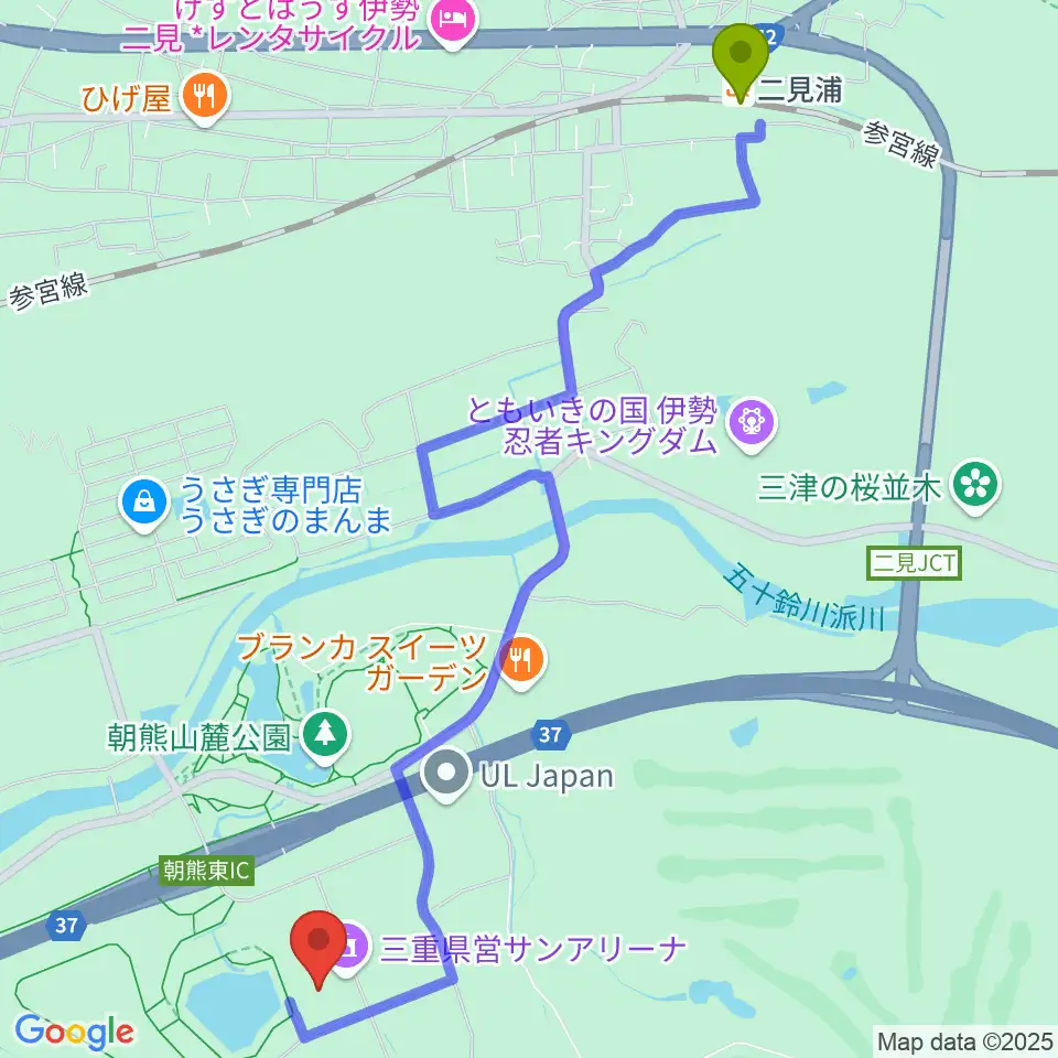 二見浦駅から三重県営サンアリーナへのルートマップ地図