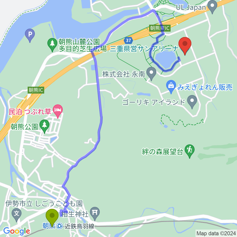 三重県営サンアリーナの最寄駅朝熊駅からの徒歩ルート（約29分）地図