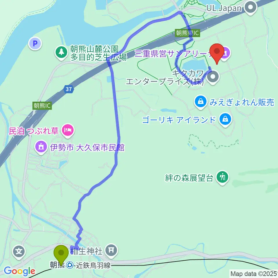 三重県営サンアリーナの最寄駅朝熊駅からの徒歩ルート（約29分）地図