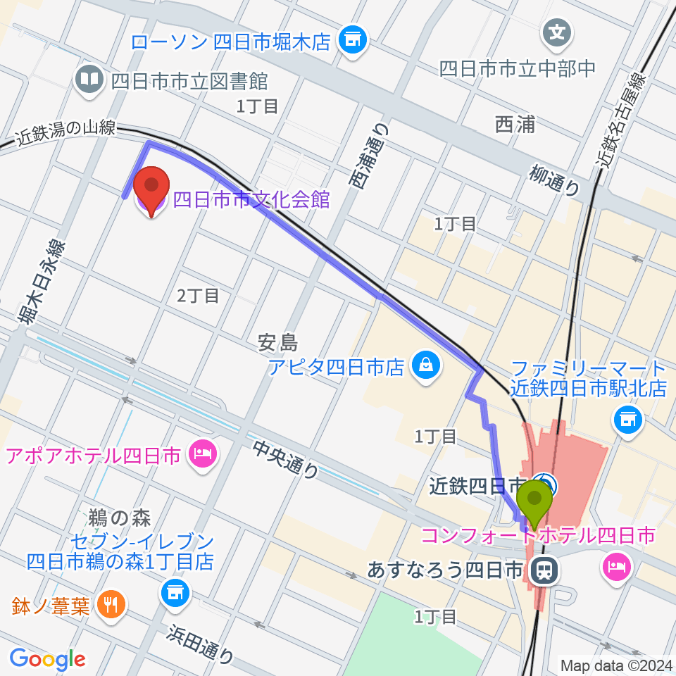 四日市市文化会館の最寄駅近鉄四日市駅からの徒歩ルート（約11分）地図