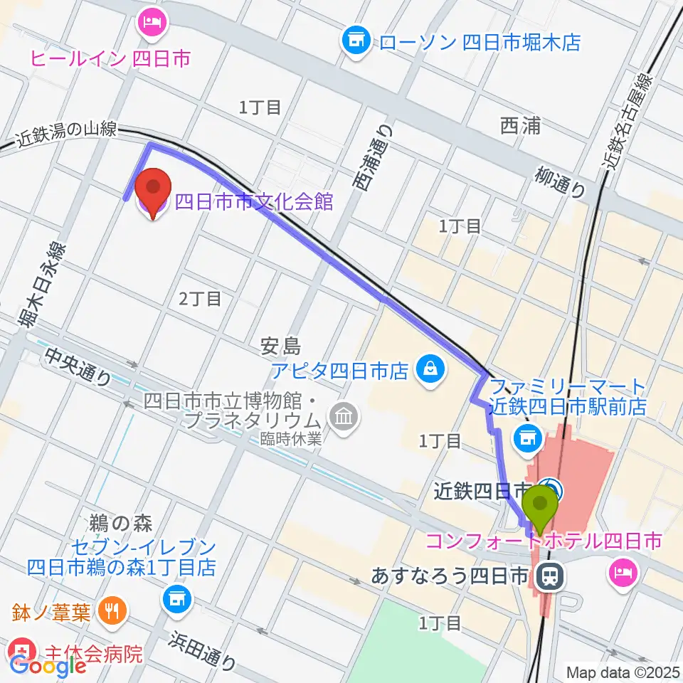 四日市市文化会館の最寄駅近鉄四日市駅からの徒歩ルート（約11分）地図