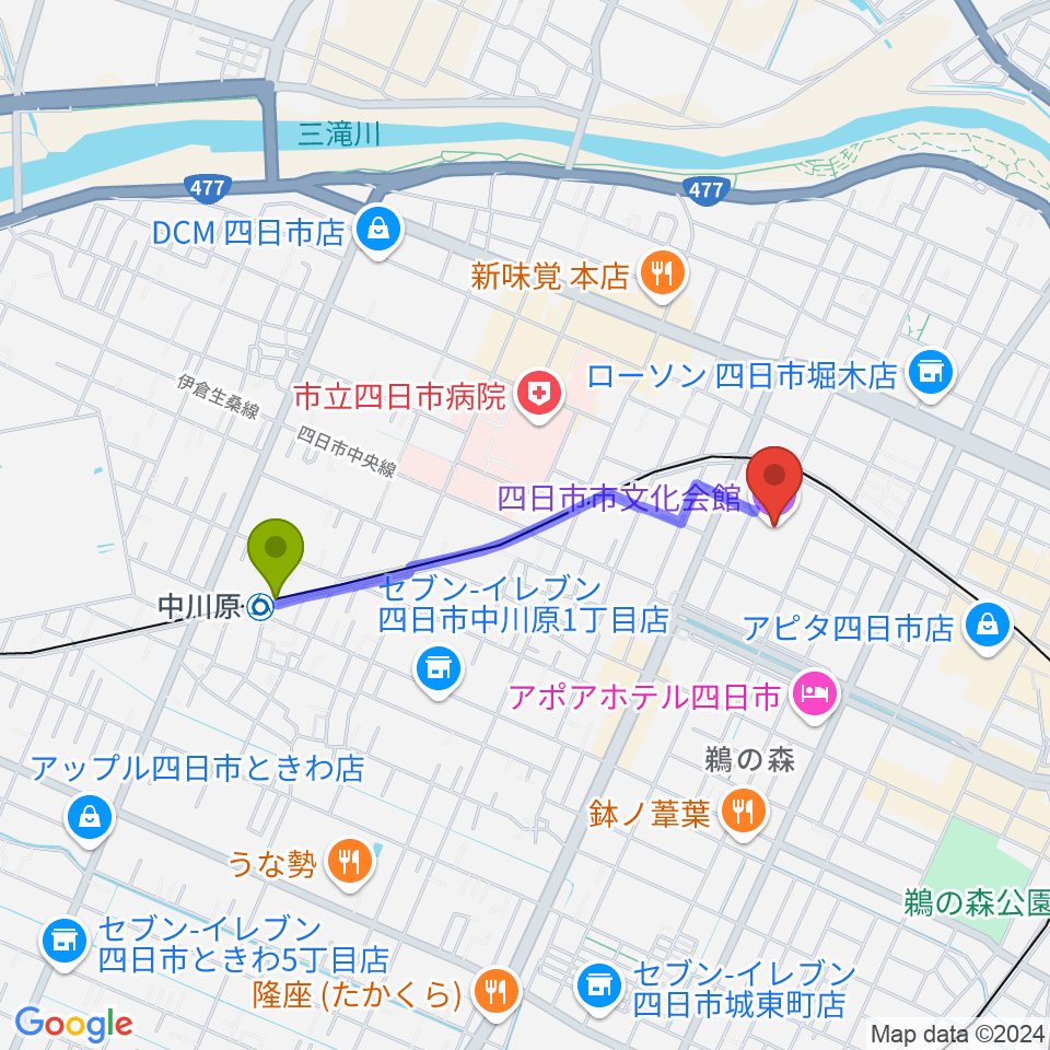 中川原駅から四日市市文化会館へのルートマップ地図