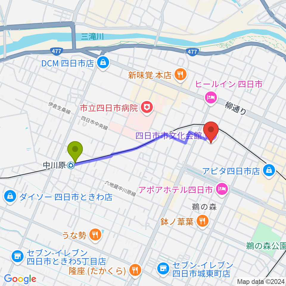 中川原駅から四日市市文化会館へのルートマップ地図