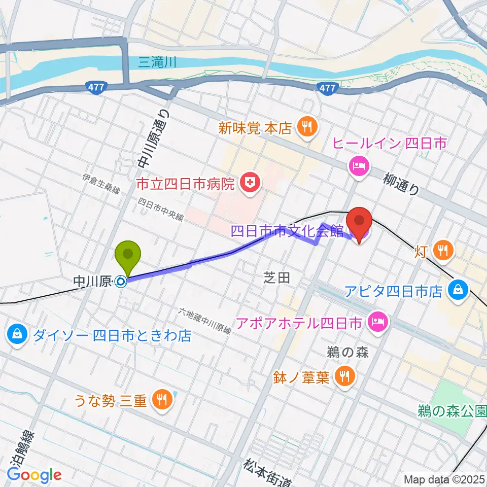 中川原駅から四日市市文化会館へのルートマップ地図