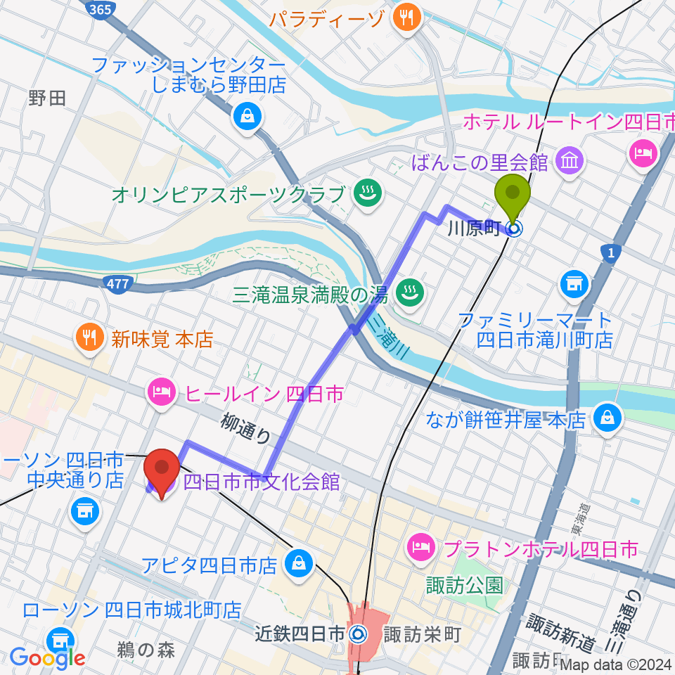 川原町駅から四日市市文化会館へのルートマップ地図