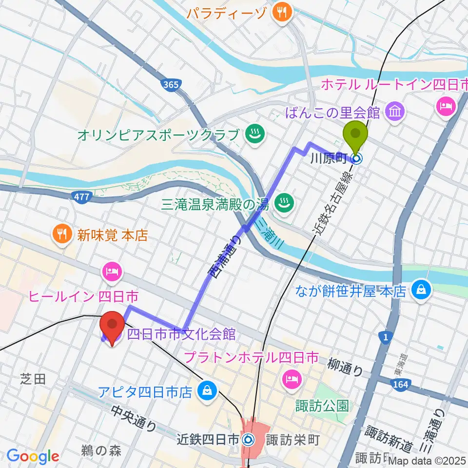 川原町駅から四日市市文化会館へのルートマップ地図