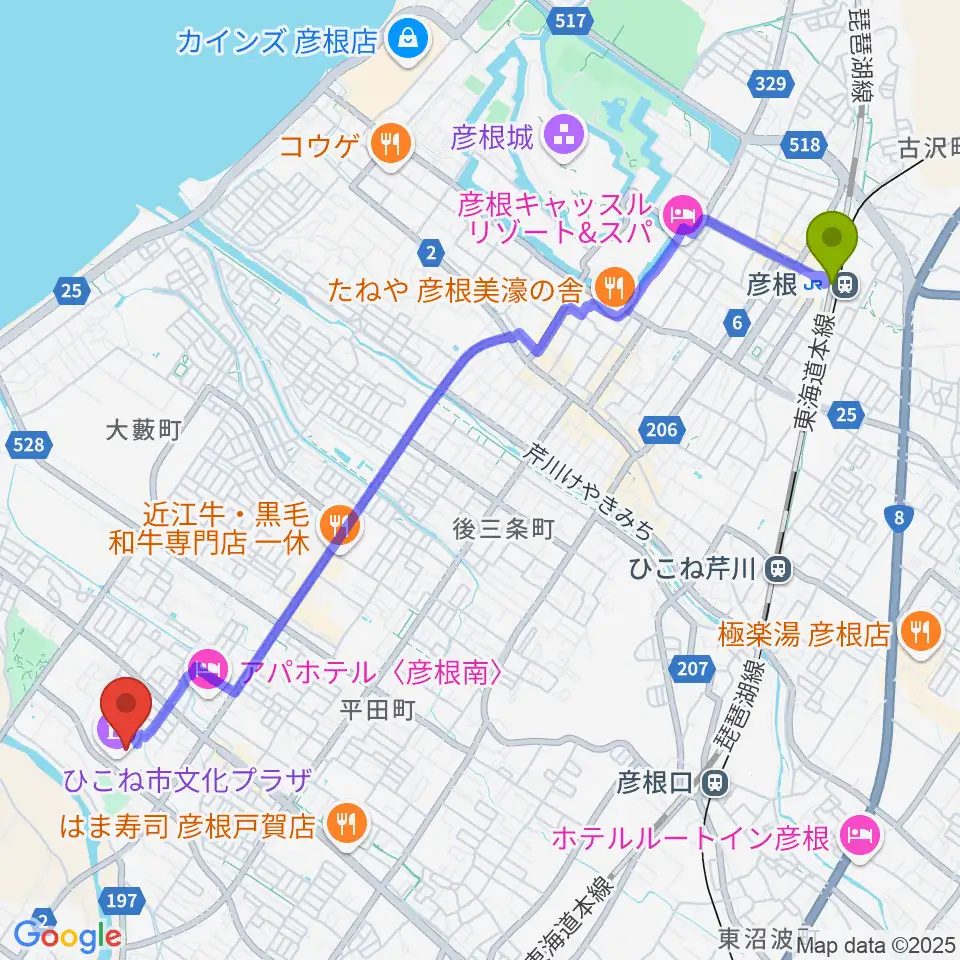 彦根駅からひこね市文化プラザへのルートマップ地図