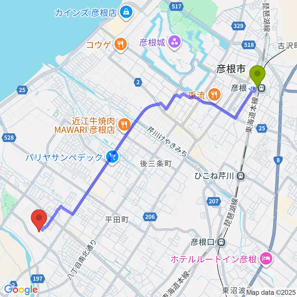 彦根駅からひこね市文化プラザへのルートマップ地図