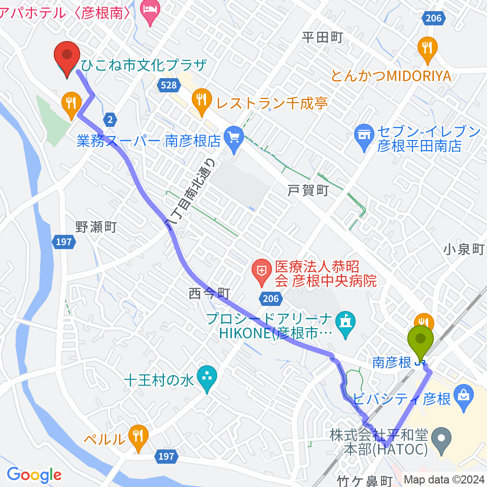 ひこね市文化プラザの最寄駅南彦根駅からの徒歩ルート（約29分）地図