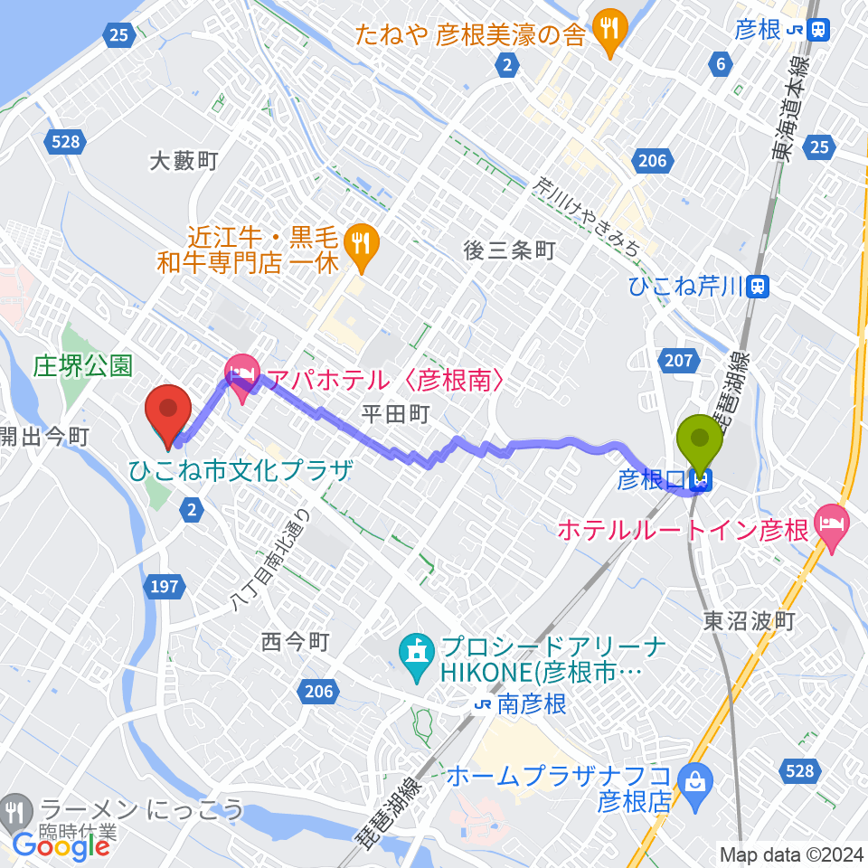 彦根口駅からひこね市文化プラザへのルートマップ地図