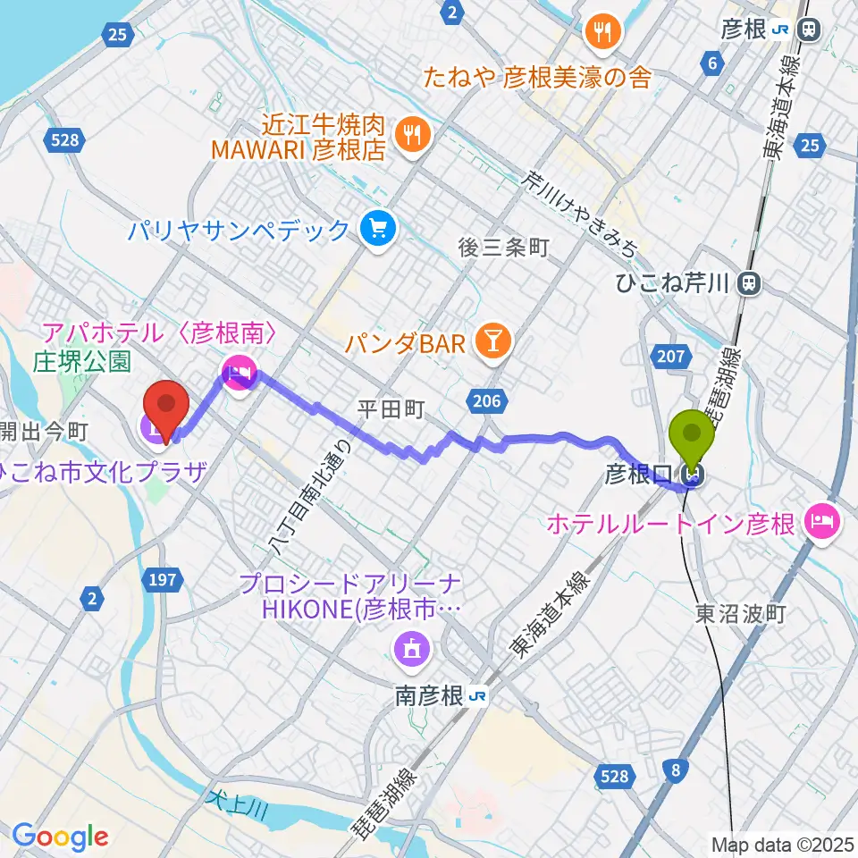 彦根口駅からひこね市文化プラザへのルートマップ地図