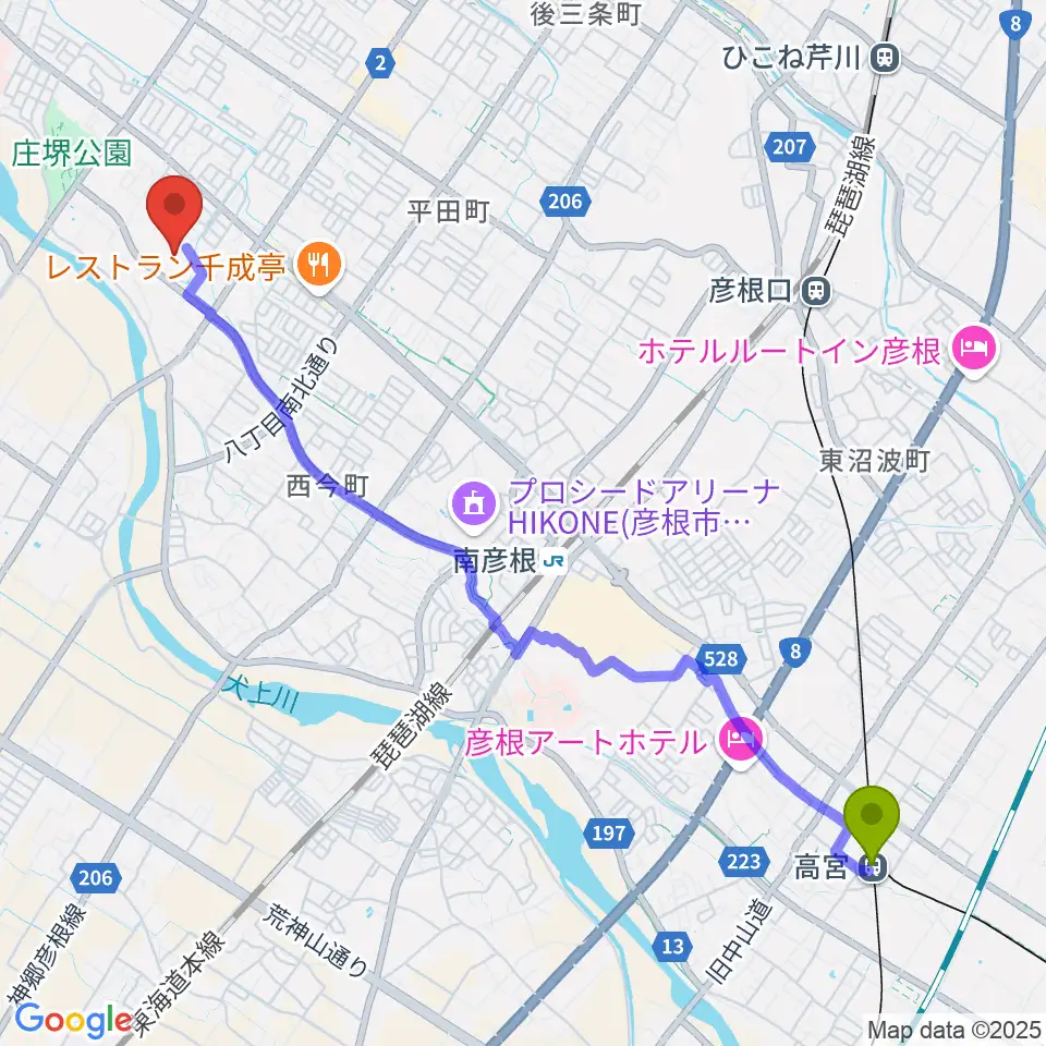 高宮駅からひこね市文化プラザへのルートマップ地図