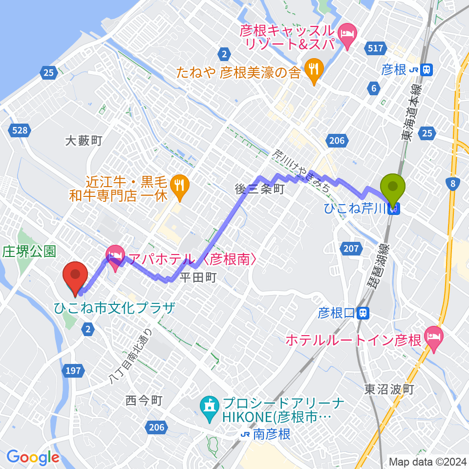 ひこね芹川駅からひこね市文化プラザへのルートマップ地図