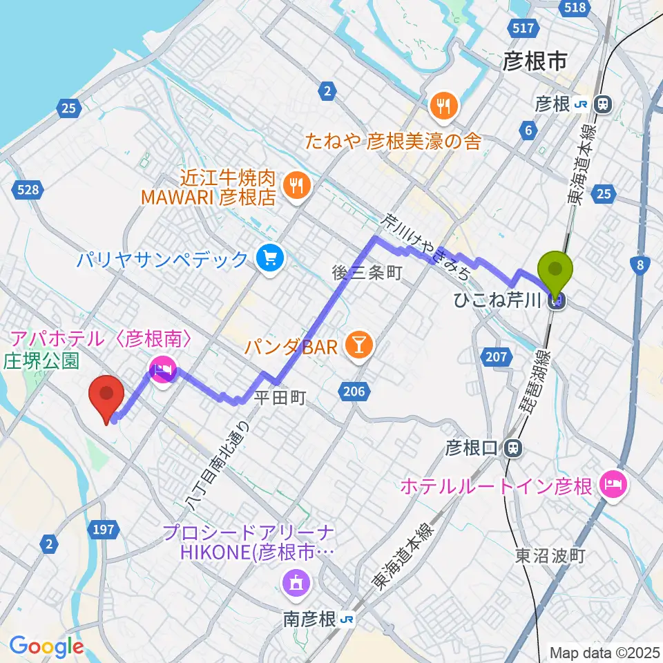 ひこね芹川駅からひこね市文化プラザへのルートマップ地図