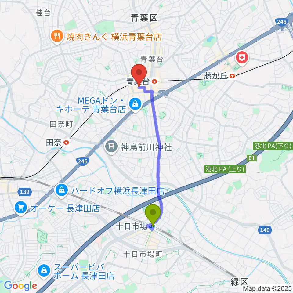 十日市場駅から弦楽器サラサーテへのルートマップ地図