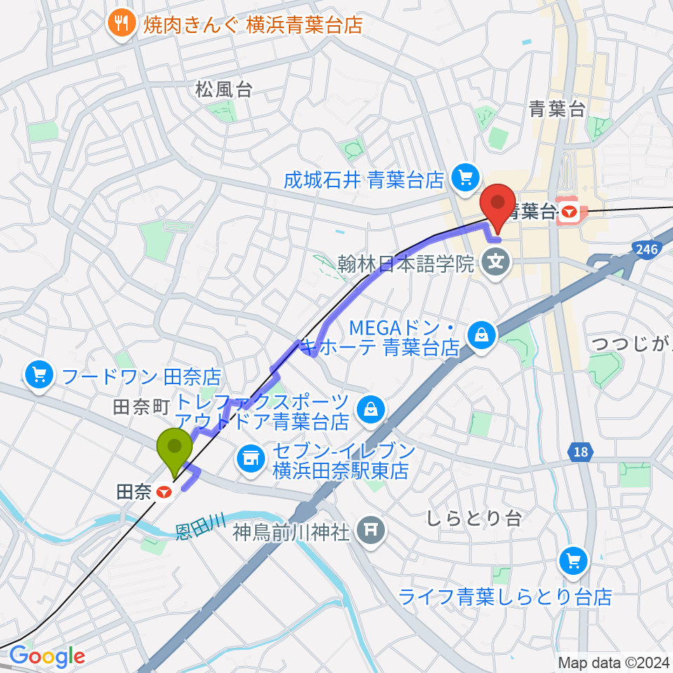 田奈駅から弦楽器サラサーテへのルートマップ地図