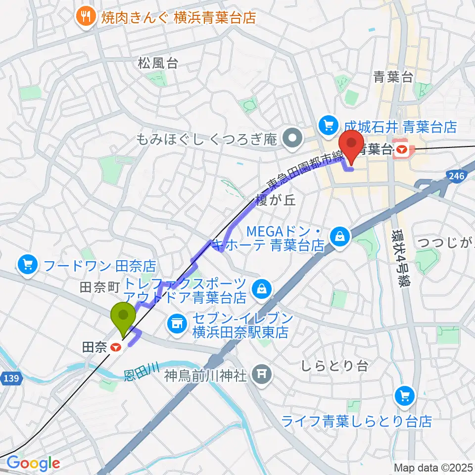 田奈駅から弦楽器サラサーテへのルートマップ地図