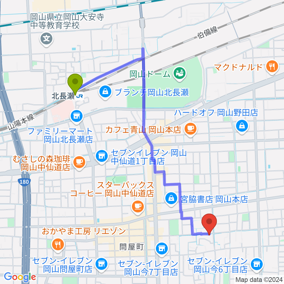 岡山Cafe SOHOの最寄駅北長瀬駅からの徒歩ルート（約21分）地図