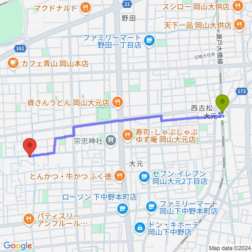 大元駅から岡山Cafe SOHOへのルートマップ地図