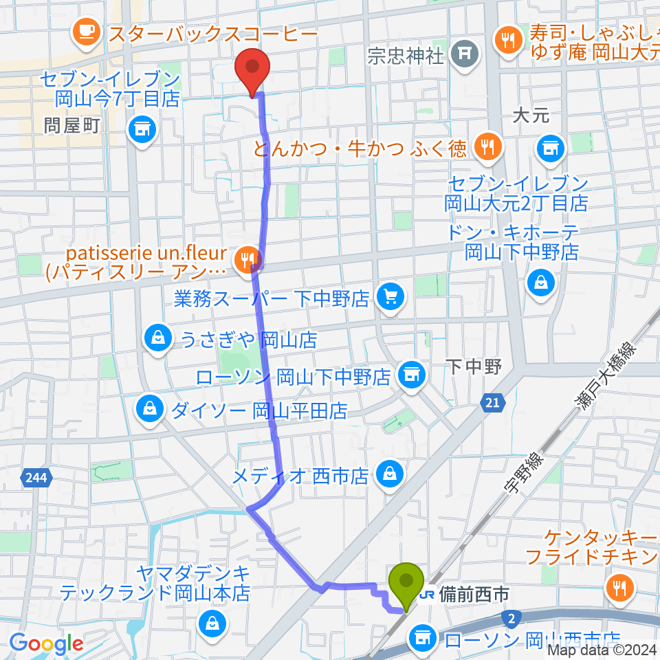 備前西市駅から岡山Cafe SOHOへのルートマップ地図