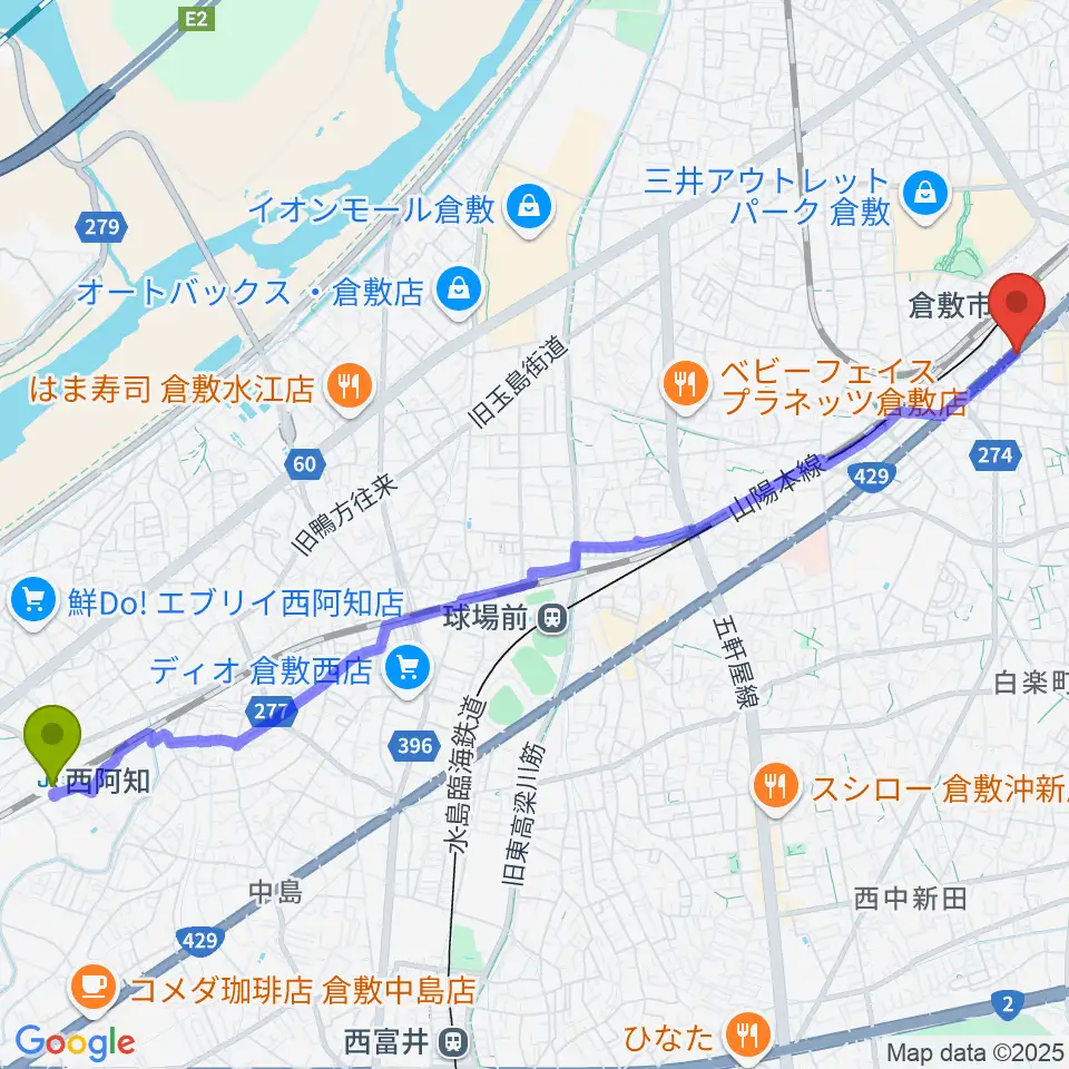 西阿知駅からライブハウス無限舎へのルートマップ地図