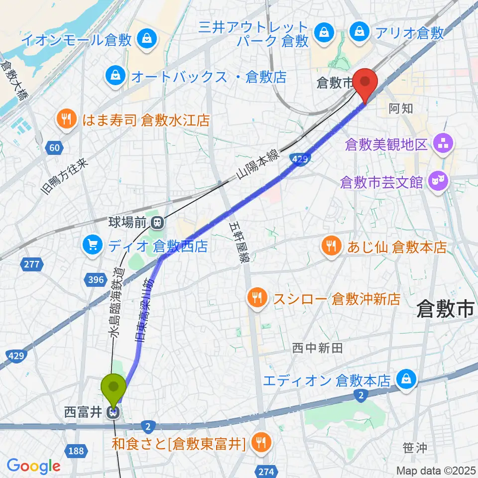 西富井駅からライブハウス無限舎へのルートマップ地図