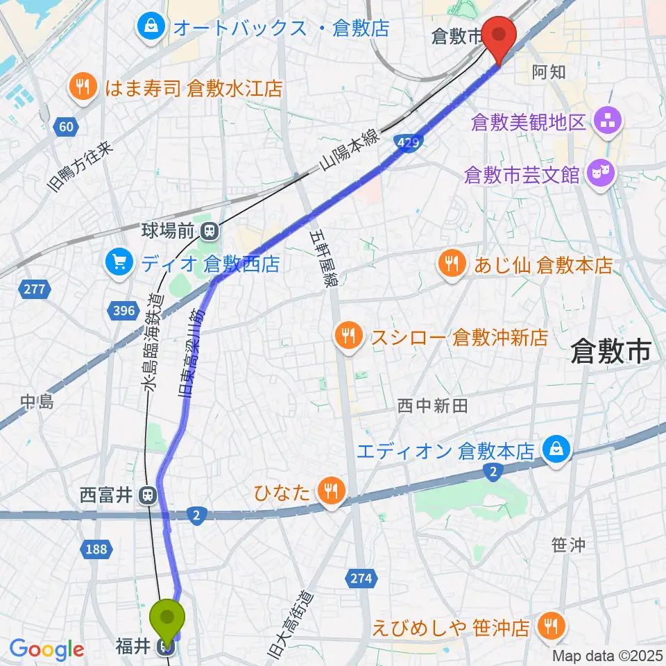 福井駅からライブハウス無限舎へのルートマップ地図