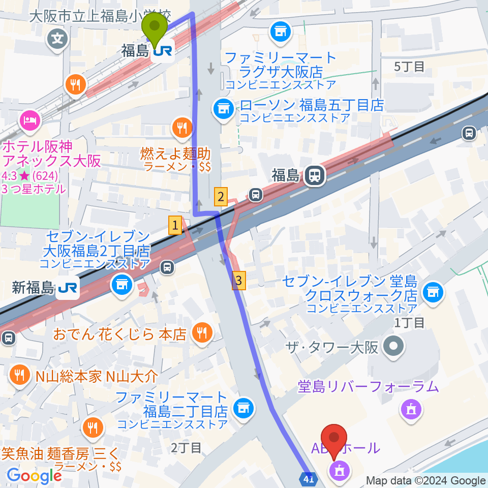 福島駅からABCホールへのルートマップ地図