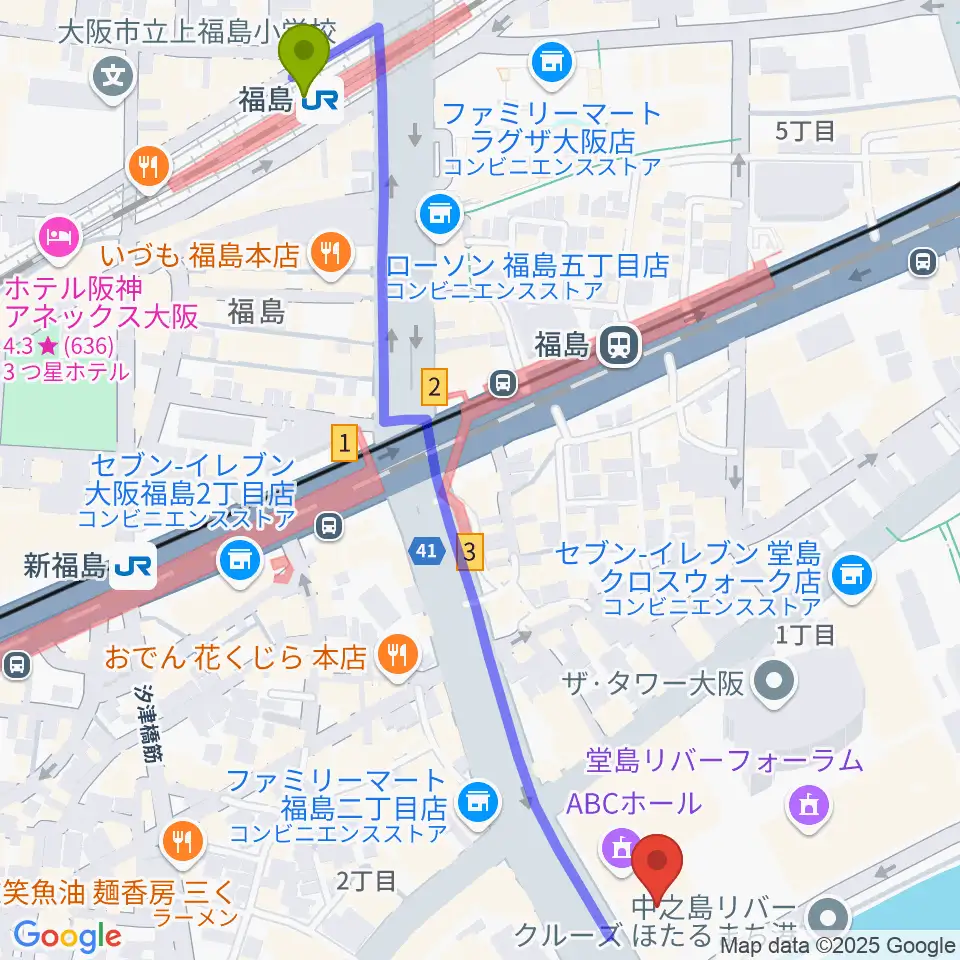 福島駅からABCホールへのルートマップ地図