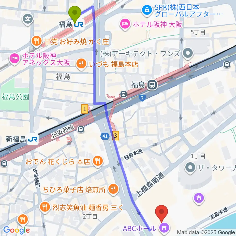 福島駅からABCホールへのルートマップ地図