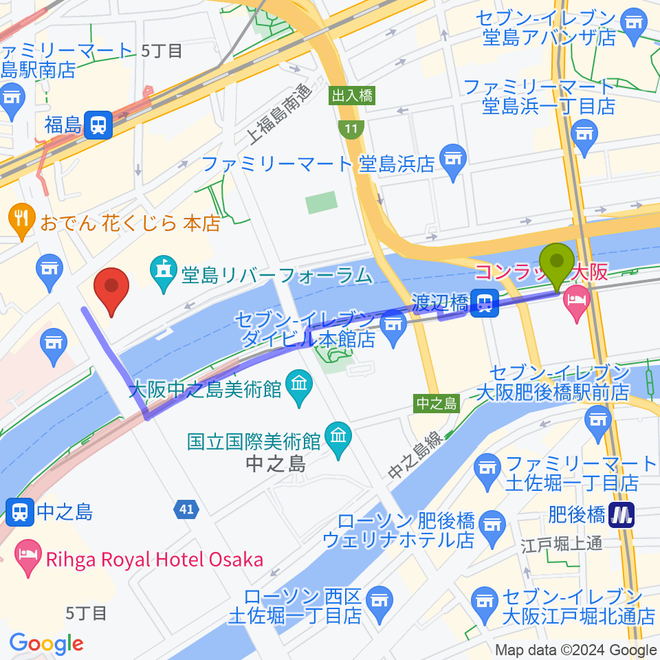 渡辺橋駅からABCホールへのルートマップ地図
