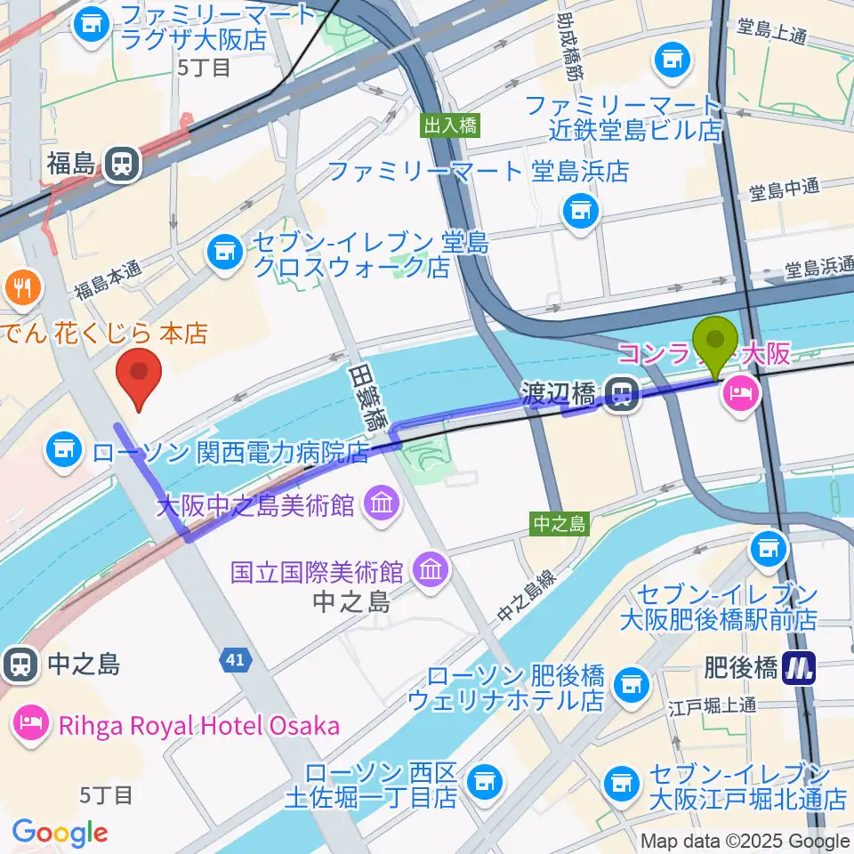 渡辺橋駅からABCホールへのルートマップ地図