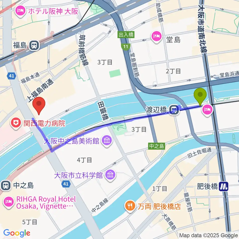 渡辺橋駅からABCホールへのルートマップ地図