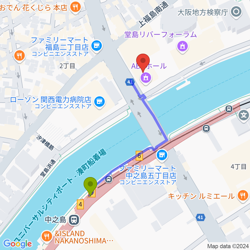 ABCホールの最寄駅中之島駅からの徒歩ルート（約4分）地図