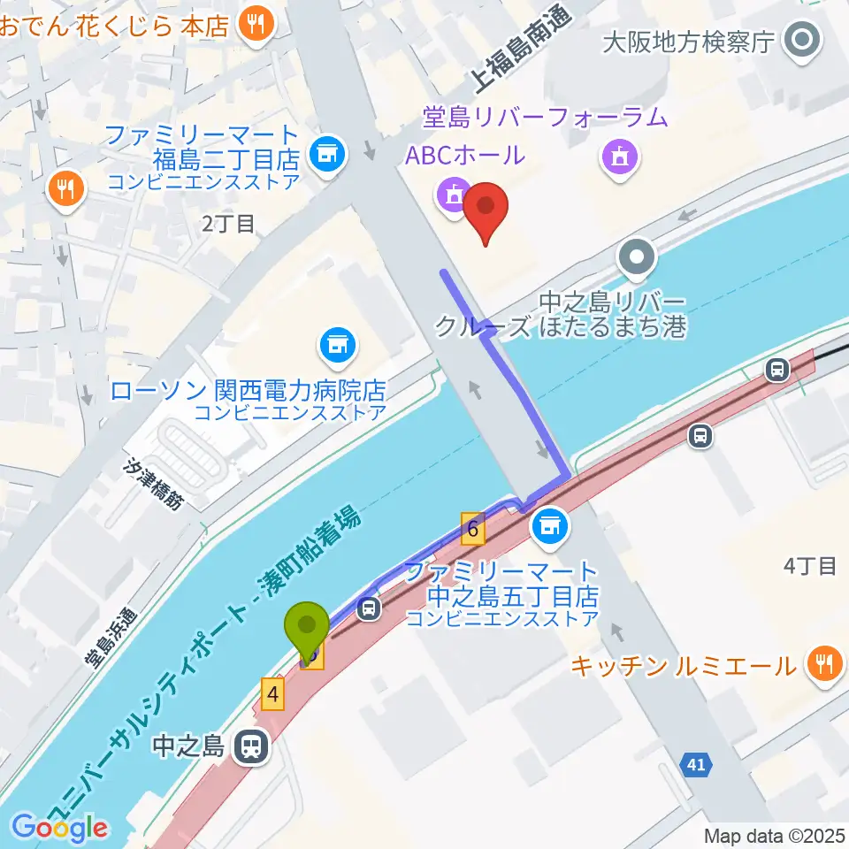 ABCホールの最寄駅中之島駅からの徒歩ルート（約4分）地図