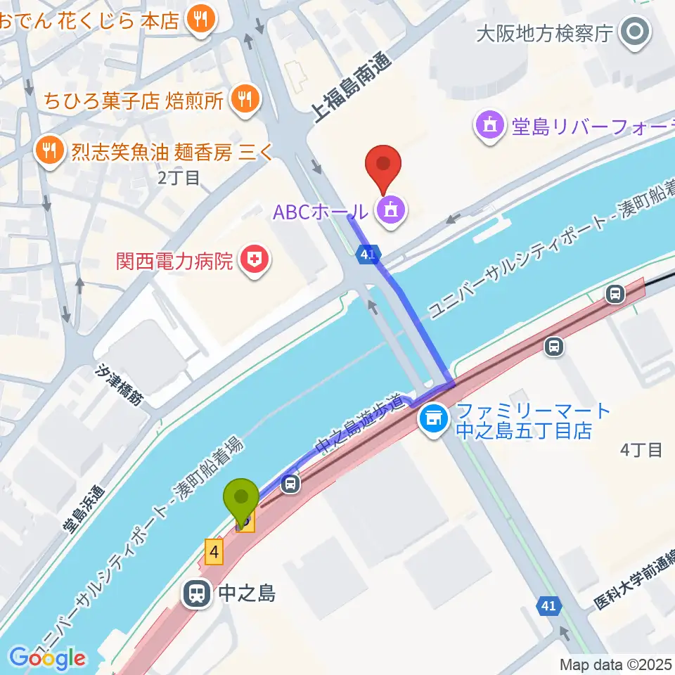 ABCホールの最寄駅中之島駅からの徒歩ルート（約4分）地図