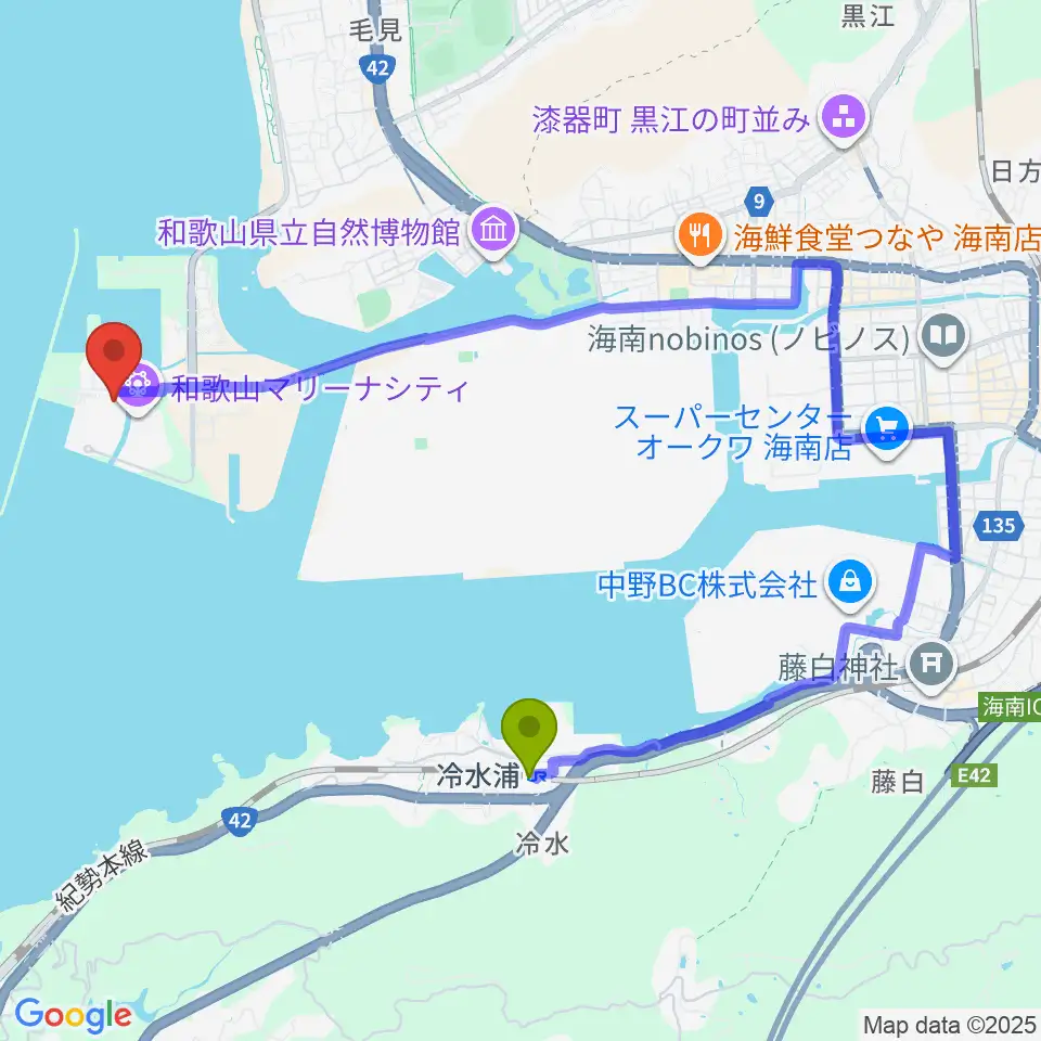 アドベンチャーホールの最寄駅冷水浦駅からの徒歩ルート（約34分）地図