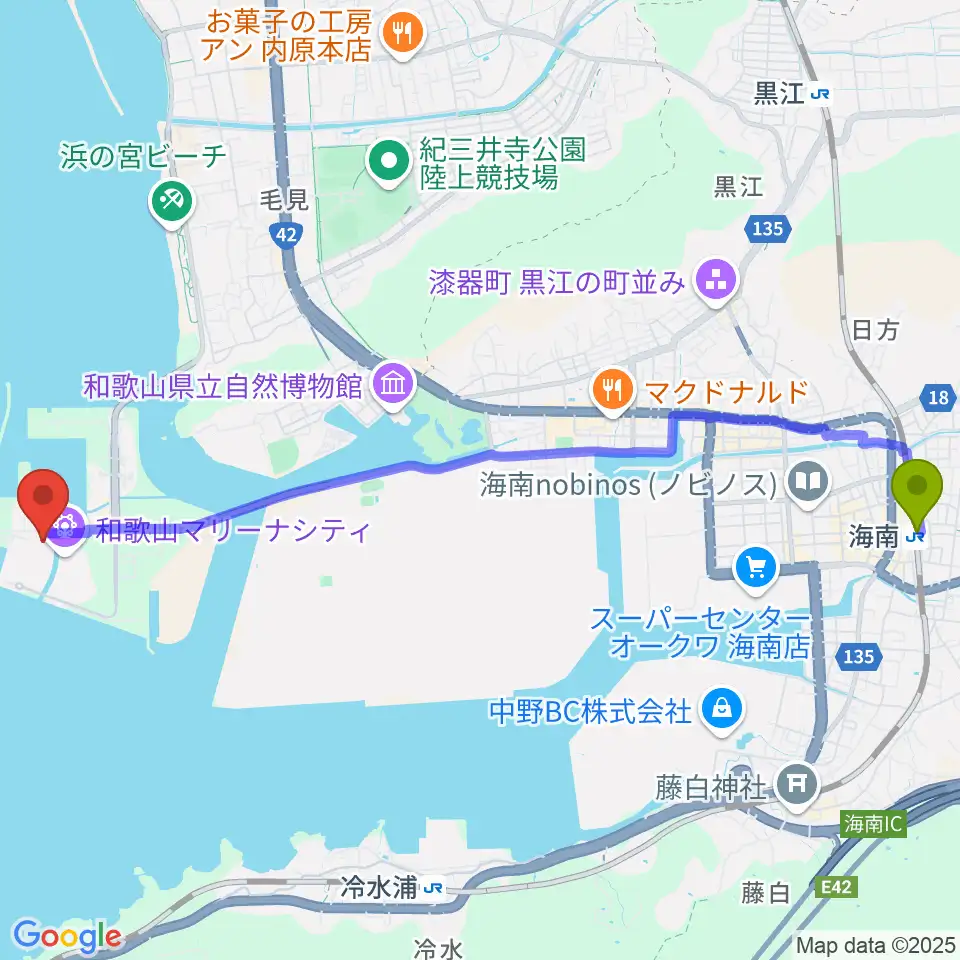 海南駅からアドベンチャーホールへのルートマップ地図