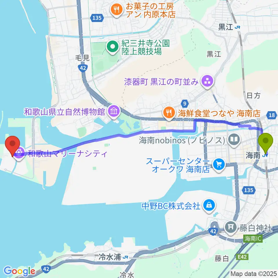 海南駅からアドベンチャーホールへのルートマップ地図