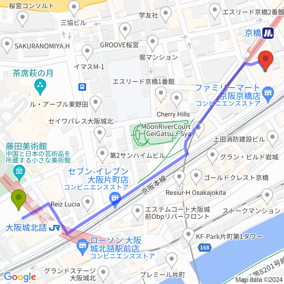 大阪城北詰駅から羅い舞座 京橋劇場へのルートマップ地図