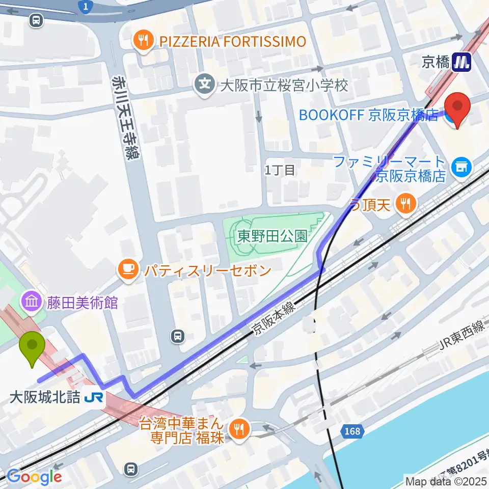 大阪城北詰駅から羅い舞座 京橋劇場へのルートマップ地図