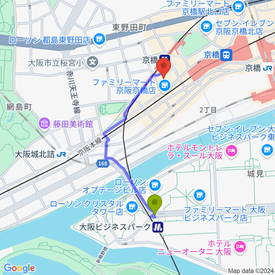 大阪ビジネスパーク駅から羅い舞座 京橋劇場へのルートマップ地図