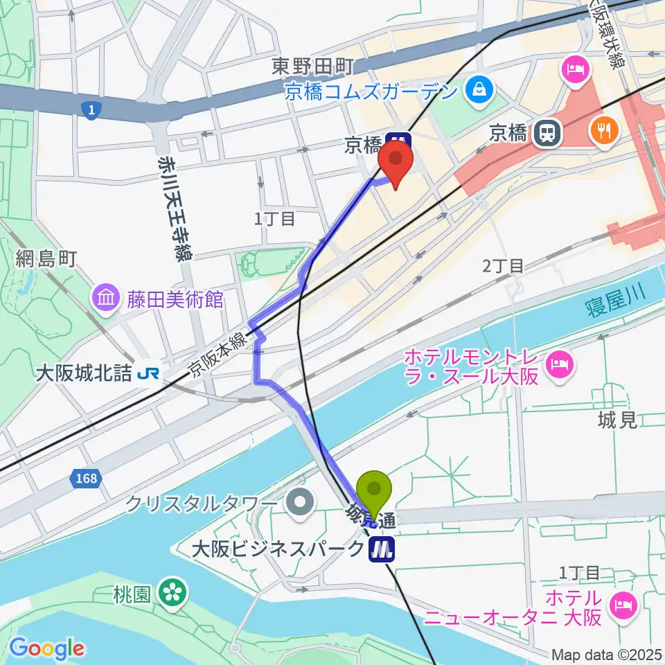 大阪ビジネスパーク駅から羅い舞座 京橋劇場へのルートマップ地図