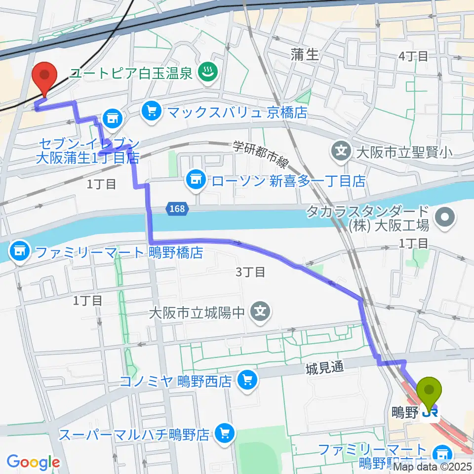 鴫野駅から京橋ベロニカへのルートマップ地図